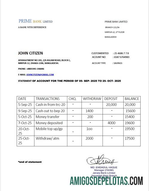 Extrato de conta do Bangladesh Prime Bank Limited para impressão, modelo Word e PDF